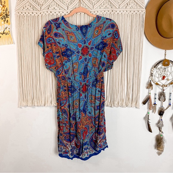Angie Paisley V Neck Short Sleeve Boho Coverup Dress Size Large - Picture 5 of 10